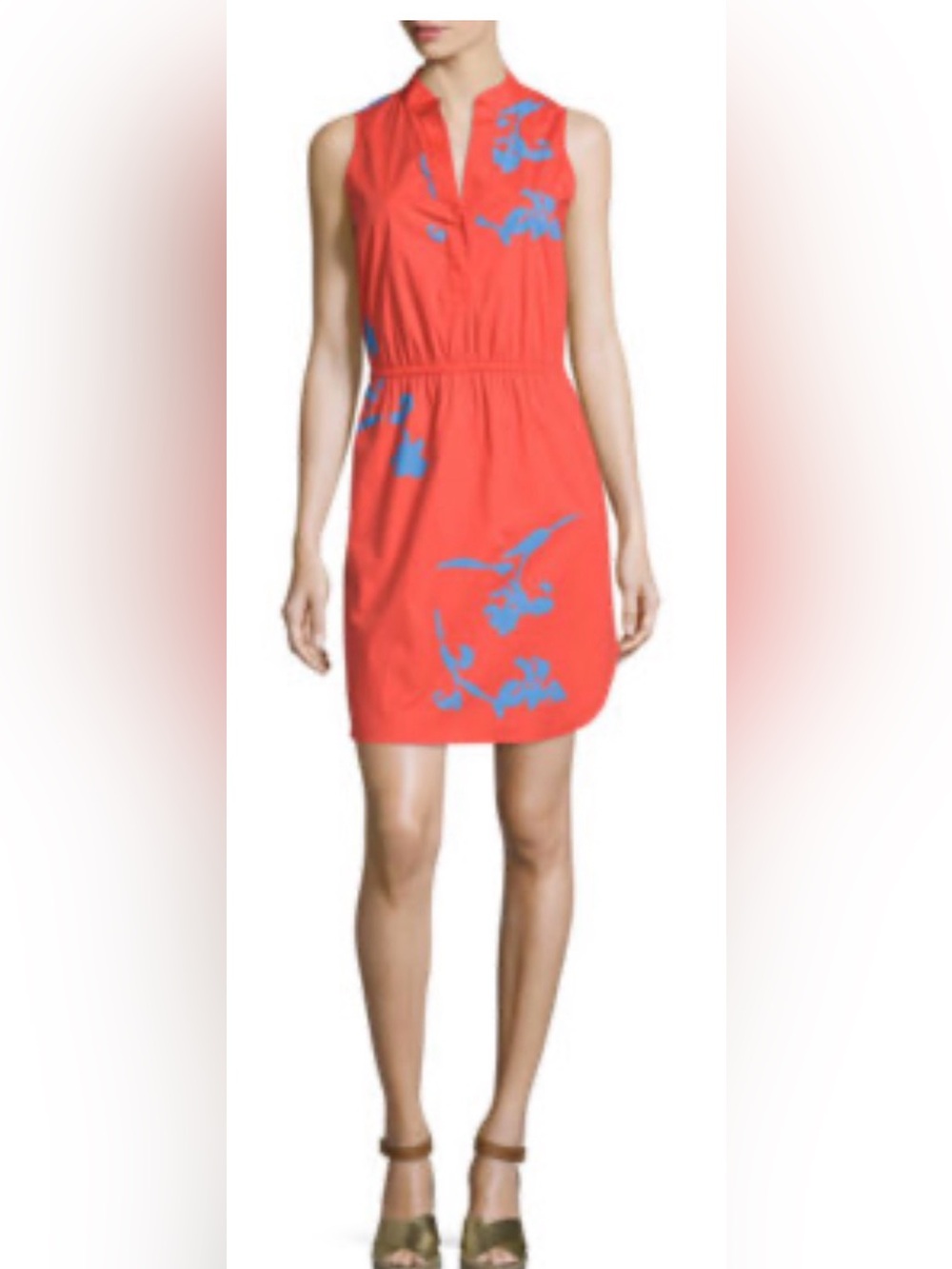 Tory Burch Coral Red Sleeveless Midi Dress with Blue Floral Print